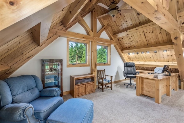 carpeted office space with lofted ceiling with beams, ceiling fan, and wooden ceiling