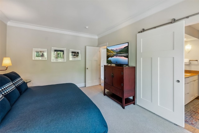 1207 W Keystone Rd Unit 2701, Keystone, CO 80435 - bedroom featuring crown molding, a barn door, and light colored carpet