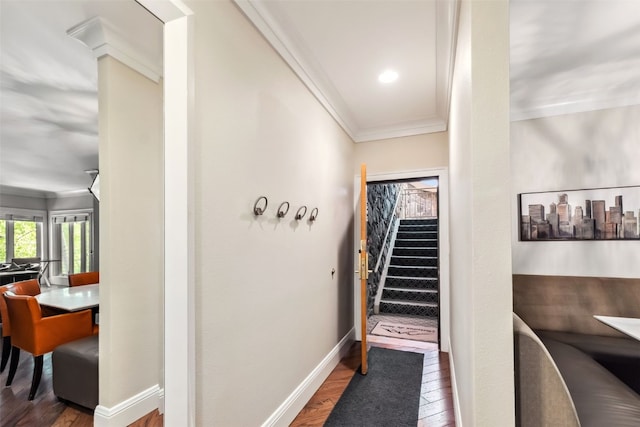 1207 W Keystone Rd Unit 2701, Keystone, CO 80435 - corridor with crown molding, wood finished floors, and stairs