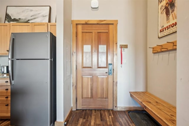 interior space featuring light countertops, freestanding refrigerator, baseboards, light brown cabinetry, and dark wood-style flooring
