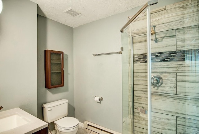 bathroom featuring a textured ceiling, toilet, visible vents, a shower stall, and vanity