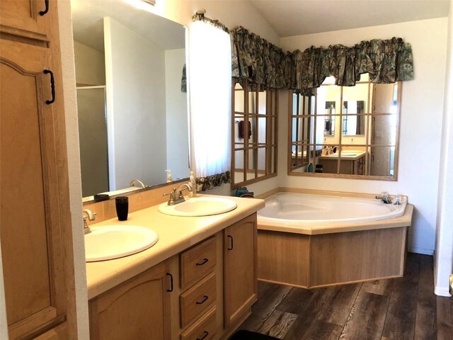bathroom featuring a bath, wood finished floors, a sink, and double vanity