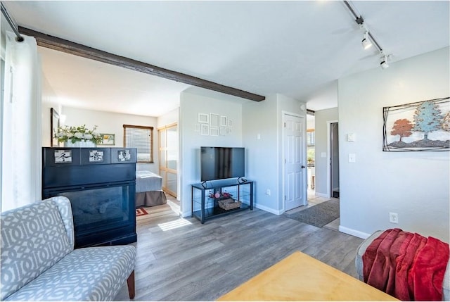 living room featuring rail lighting, baseboards, and wood finished floors