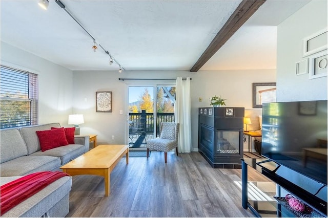 living area with wood finished floors, rail lighting, beam ceiling, and plenty of natural light