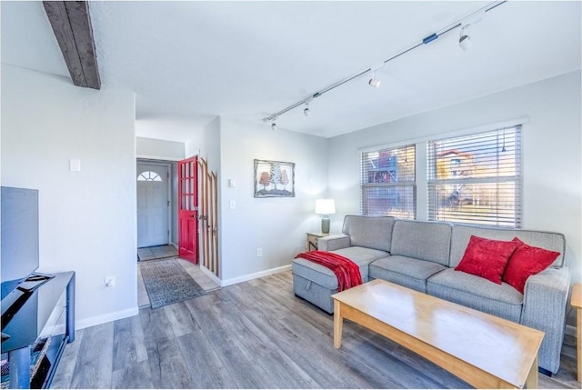living room with track lighting, baseboards, and wood finished floors
