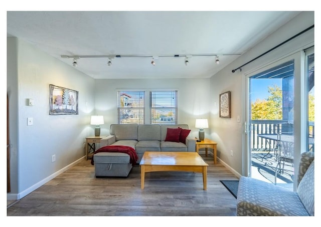 living area featuring wood finished floors, rail lighting, and baseboards