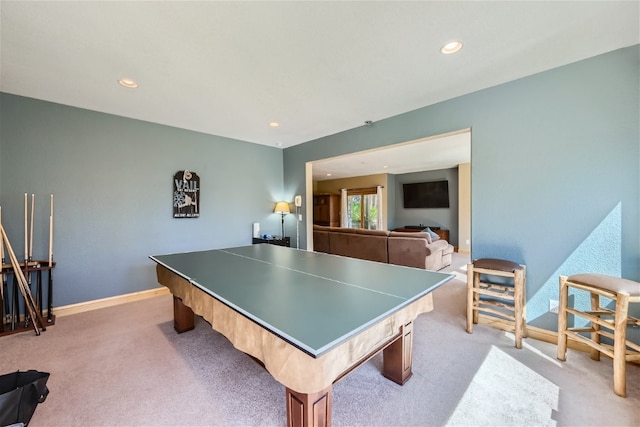 rec room with recessed lighting, baseboards, and light colored carpet