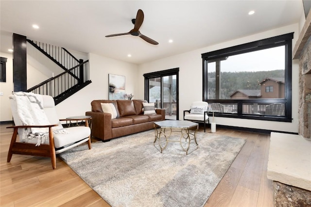 750 Independence Rd Unit 2C, Keystone, CO 80435 - living room featuring ceiling fan, wood finished floors, stairs, and recessed lighting