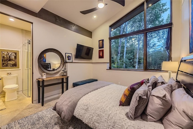 313 Raven Golf Ln, Silverthorne, CO 80498 - carpeted bedroom featuring ensuite bath, recessed lighting, vaulted ceiling, and ceiling fan