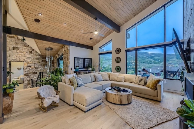 313 Raven Golf Ln, Silverthorne, CO 80498 - living area featuring high vaulted ceiling, wood finished floors, a wooden ceiling with exposed beams, and ceiling fan