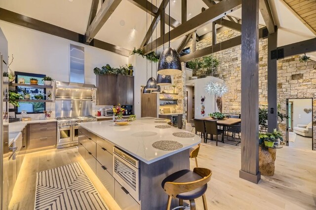313 Raven Golf Ln, Silverthorne, CO 80498 - kitchen featuring stainless steel appliances, high vaulted ceiling, light wood-type flooring, island exhaust hood, and beam ceiling