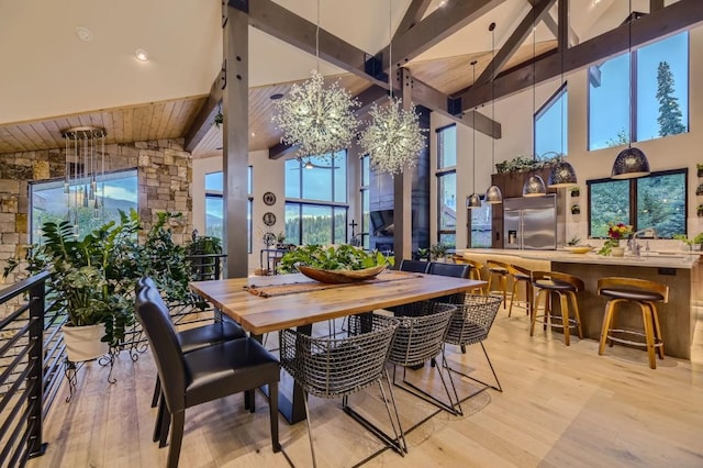 313 Raven Golf Ln, Silverthorne, CO 80498 - dining space with high vaulted ceiling, wood finished floors, and a wooden ceiling with exposed beams