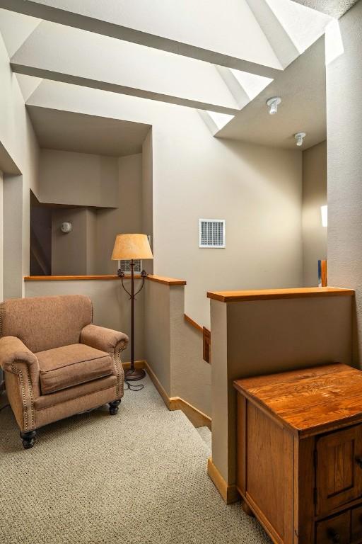 2800 Village Dr Unit 1302, Steamboat Springs, CO 80487 - carpeted living room featuring a skylight, baseboards, and lofted ceiling