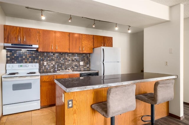 13 Sequoia Ct Unit 13, Steamboat Springs, CO 80487 - kitchen with tasteful backsplash, a sink, brown cabinetry, white appliances, and under cabinet range hood