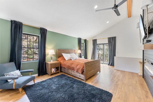 1435 E Longbow Dr, Como, CO 80432 - bedroom featuring access to exterior, wood finished floors, a fireplace, recessed lighting, and ceiling fan