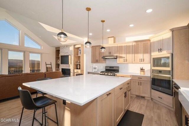1110 Mt Neva Dr, Granby, CO 80446 - kitchen featuring open floor plan, stainless steel range, light wood-type flooring, under cabinet range hood, and a kitchen island