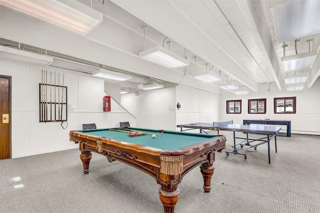 rec room with billiards, baseboards, and carpet
