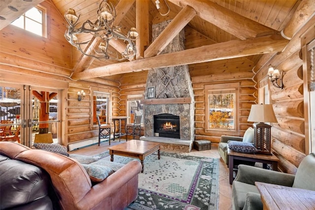 129 Tip Top Trl Unit 6543, Keystone, CO 80435 - living room with wood ceiling, high vaulted ceiling, rustic walls, and beamed ceiling