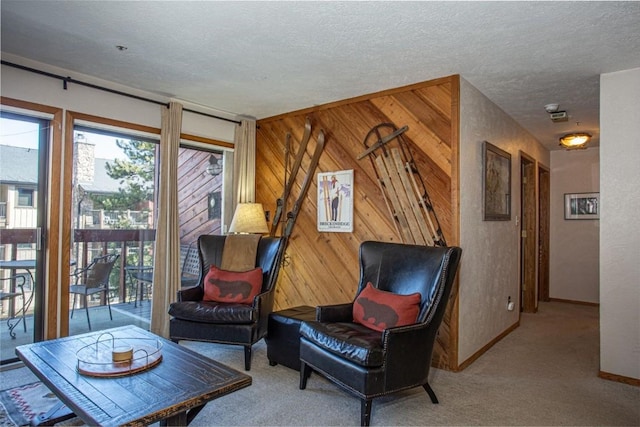 living area with wooden walls, baseboards, carpet, and a textured ceiling