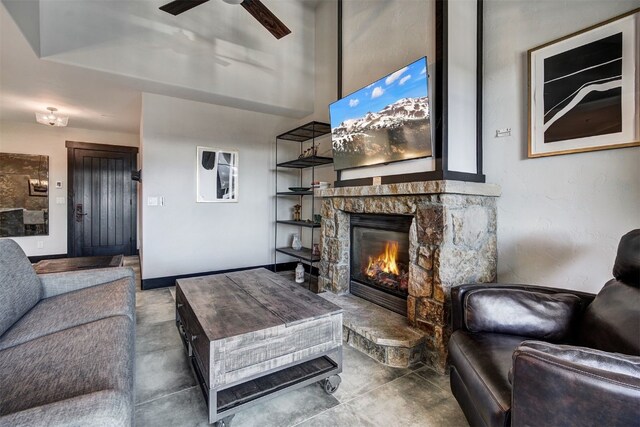 1891 Ski Hill Rd Unit 7404, Breckenridge, CO 80424 - living area with ceiling fan and a fireplace