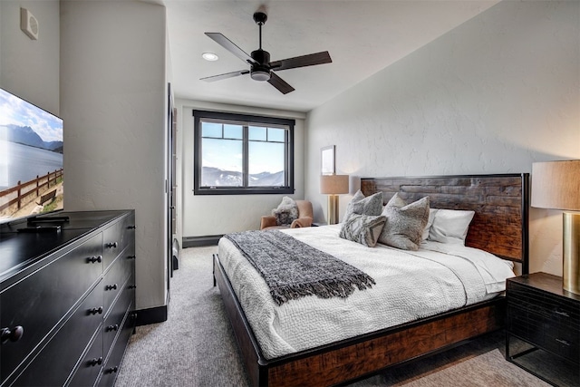 1891 Ski Hill Rd Unit 7404, Breckenridge, CO 80424 - bedroom featuring light colored carpet, a textured wall, and ceiling fan
