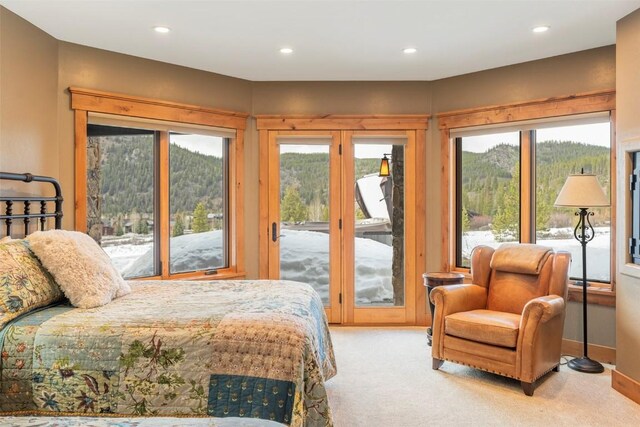 174 Sage Dr, Breckenridge, CO 80424 - bedroom with baseboards, access to exterior, recessed lighting, and light colored carpet