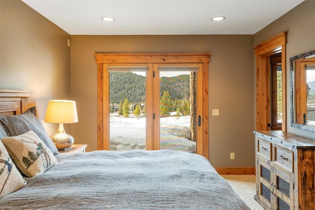 174 Sage Dr, Breckenridge, CO 80424 - bedroom featuring baseboards, light colored carpet, recessed lighting, and access to exterior