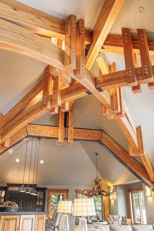 174 Sage Dr, Breckenridge, CO 80424 - interior details with recessed lighting, a notable chandelier, and beamed ceiling