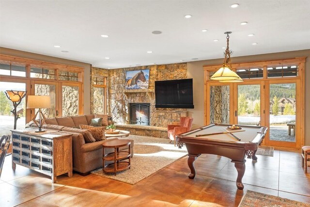 174 Sage Dr, Breckenridge, CO 80424 - game room with billiards, a fireplace, french doors, and recessed lighting