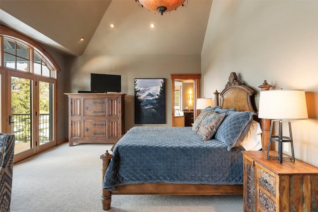174 Sage Dr, Breckenridge, CO 80424 - bedroom with carpet flooring, high vaulted ceiling, access to exterior, and multiple windows
