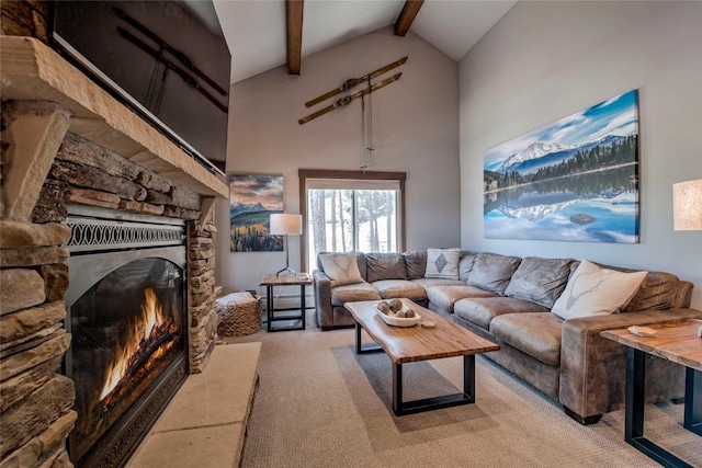 107 Ski Watch Rd Unit 432, Breckenridge, CO 80424 - carpeted living area with beamed ceiling, a stone fireplace, and high vaulted ceiling