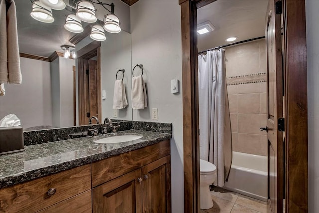 107 Ski Watch Rd Unit 432, Breckenridge, CO 80424 - bathroom with vanity, tile patterned floors, shower / bath combo with shower curtain, and ornamental molding