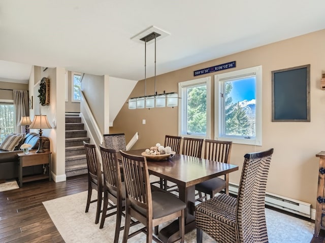 111 Corinthian Cir Unit A, Dillon, CO 80435 - dining area with dark wood-style flooring, baseboard heating, baseboards, and stairs