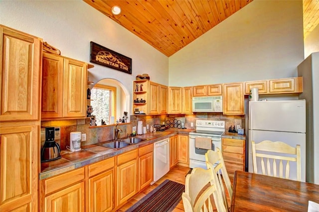 103 War Pony Way, Como, CO 80432 - kitchen featuring white appliances, a sink, high vaulted ceiling, decorative backsplash, and wooden ceiling
