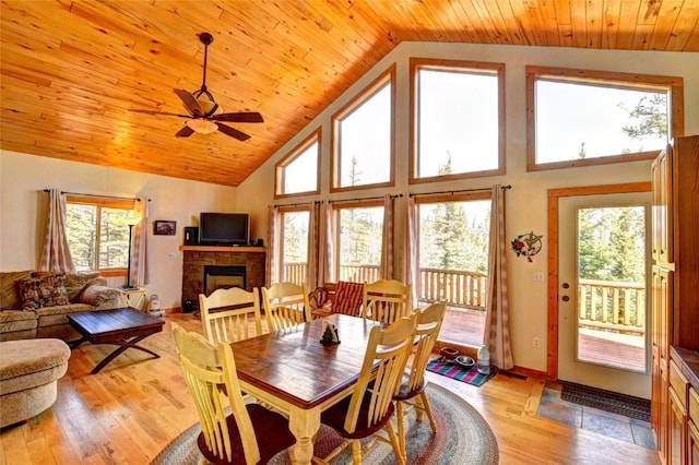 103 War Pony Way, Como, CO 80432 - dining room featuring a fireplace, wood ceiling, ceiling fan, light wood finished floors, and high vaulted ceiling