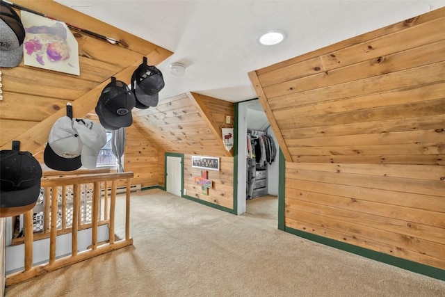 609 E Jefferson Ave, Hayden, CO 81639 - additional living space featuring wooden walls, a baseboard radiator, carpet flooring, and lofted ceiling