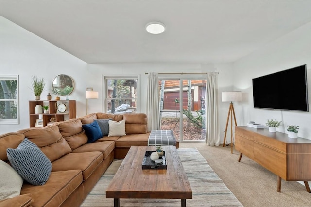 living room with light colored carpet