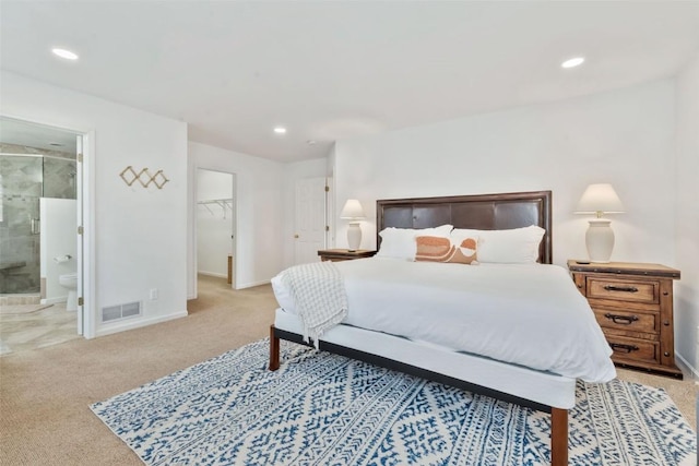 bedroom with recessed lighting, baseboards, visible vents, and carpet