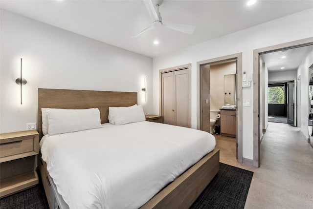 bedroom featuring recessed lighting, a closet, baseboards, ceiling fan, and ensuite bathroom