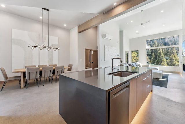 kitchen with stainless steel dishwasher, modern cabinets, beamed ceiling, a sink, and finished concrete floors