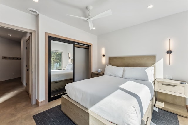 bedroom featuring carpet flooring, visible vents, recessed lighting, a closet, and ceiling fan