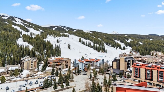 189 Ten Mile Cir Unit 362, Copper Mountain, CO 80443 - snowy aerial view with a view of trees and a mountain view
