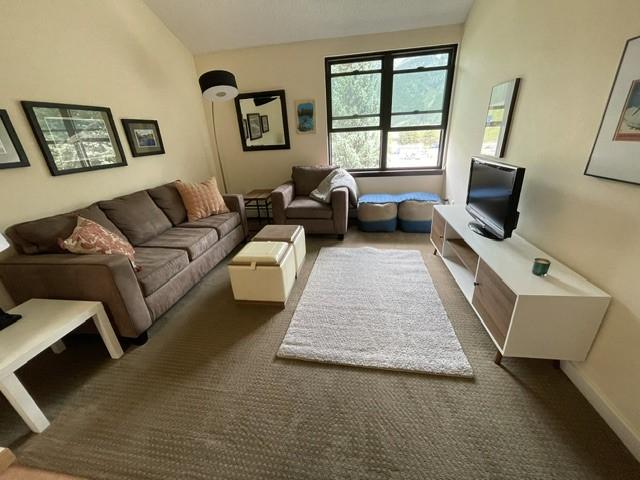 carpeted living room featuring lofted ceiling and baseboards