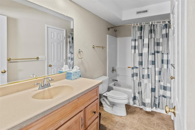 bathroom with tile patterned floors, vanity, shower / tub combo, toilet, and visible vents