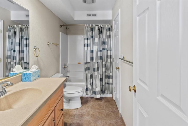bathroom with vanity, shower / bathtub combination with curtain, toilet, tile patterned flooring, and visible vents
