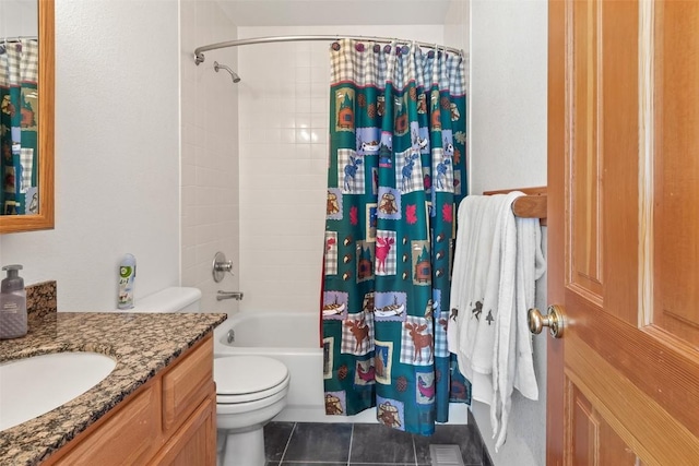 full bathroom featuring tile patterned floors, vanity, shower / bath combination with curtain, toilet, and visible vents