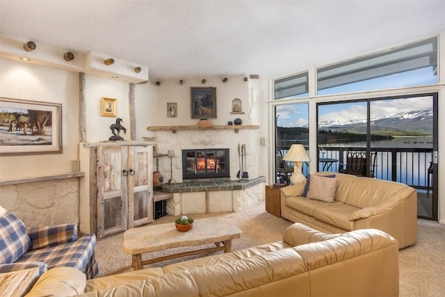 576 Tenderfoot St Unit 163, Dillon, CO 80435 - carpeted living area with a glass covered fireplace, a textured ceiling, and a water view