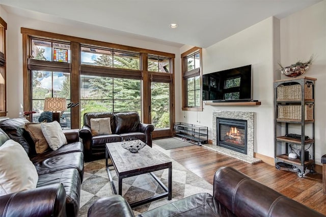 living room with wood finished floors, a fireplace, and recessed lighting