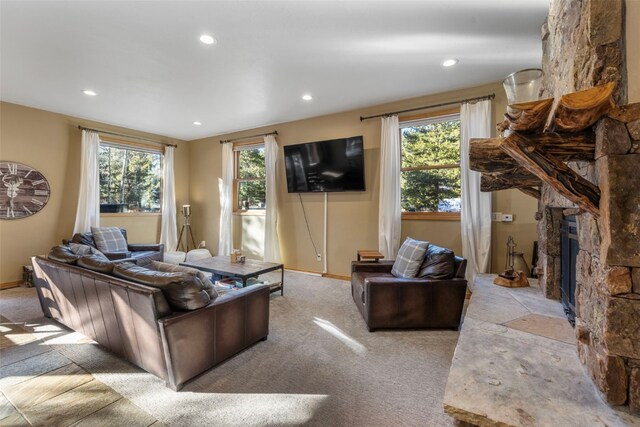 227 Mountain View Dr, Breckenridge, CO 80424 - carpeted living area featuring plenty of natural light, a fireplace, and recessed lighting