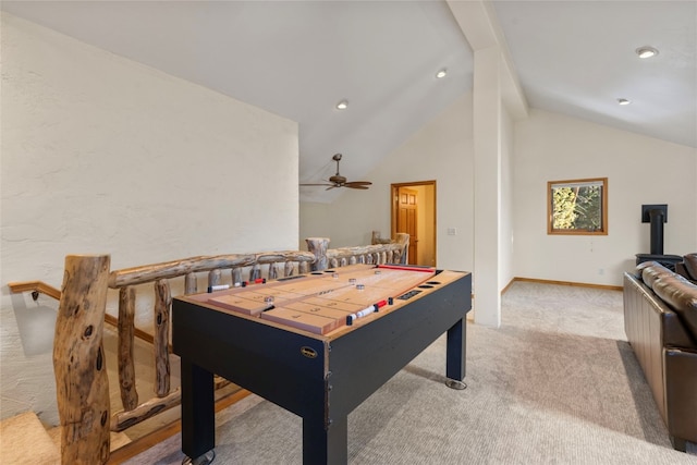 rec room featuring recessed lighting, vaulted ceiling, a ceiling fan, carpet floors, and baseboards